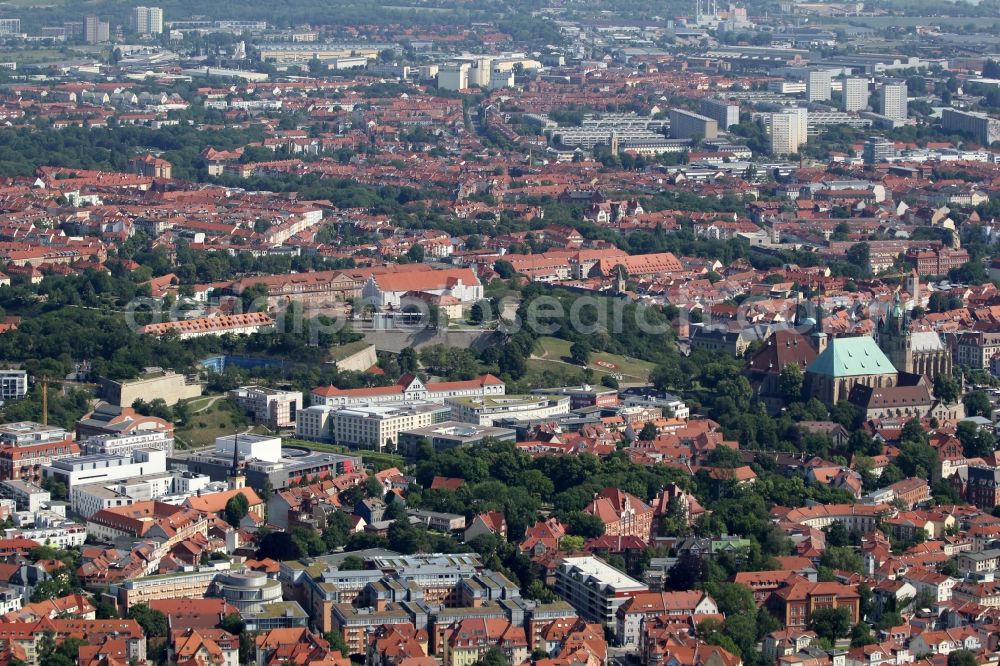 Erfurt from above - Fragments of the fortress Zitadelle Petersberg in Erfurt in the state Thuringia, Germany