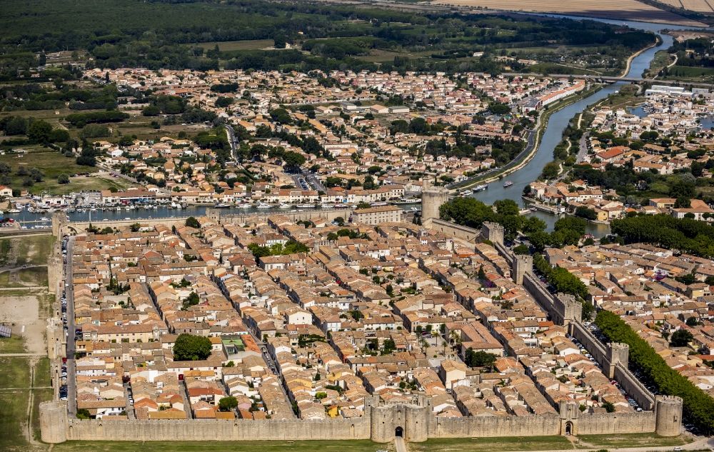 Aigues-Mortes from the bird's eye view: Fortifications at Old Town Center in Aigues-Mortes in France