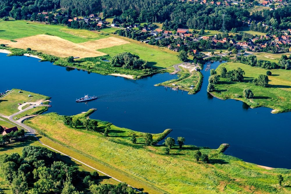 Neu Darchau from above - Ferry port facilities with the Elbe ferry Tanja on the banks of the Elbe in Darchau and Neu Darchau in the state Lower Saxony, Germany