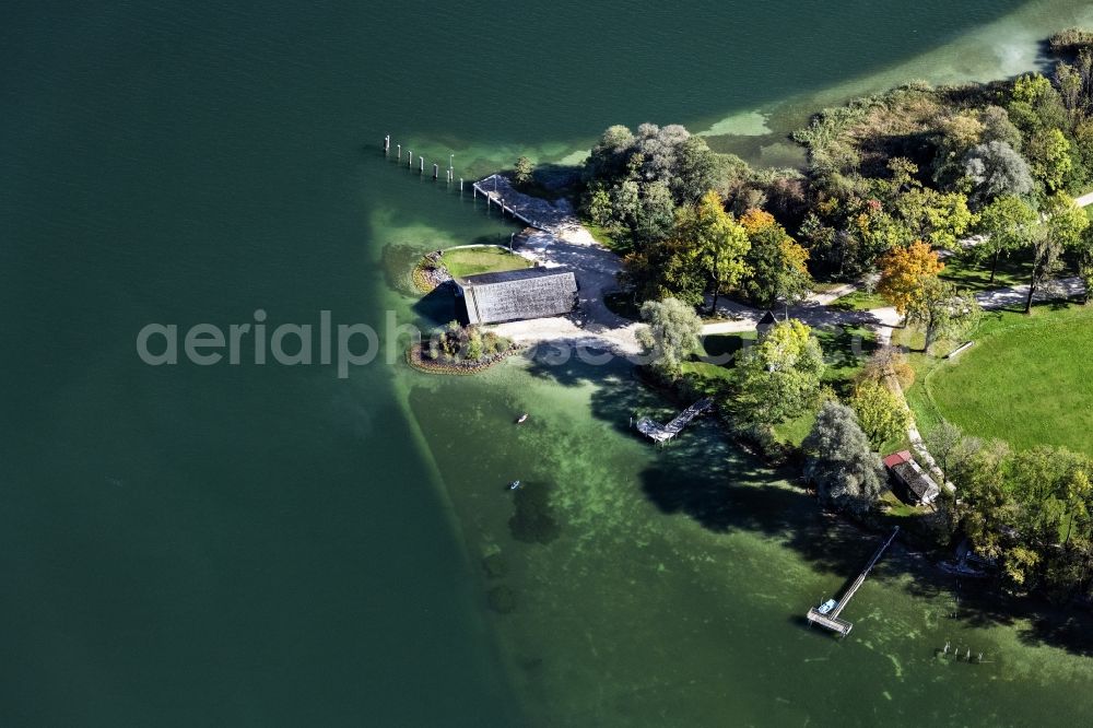 Aerial image Chiemsee - Ferry port facilities on the seashore in Chiemsee in the state Bavaria, Germany