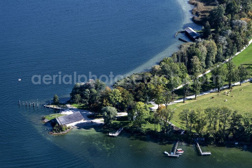 Chiemsee from the bird's eye view: Ferry port facilities on the seashore in Chiemsee in the state Bavaria, Germany