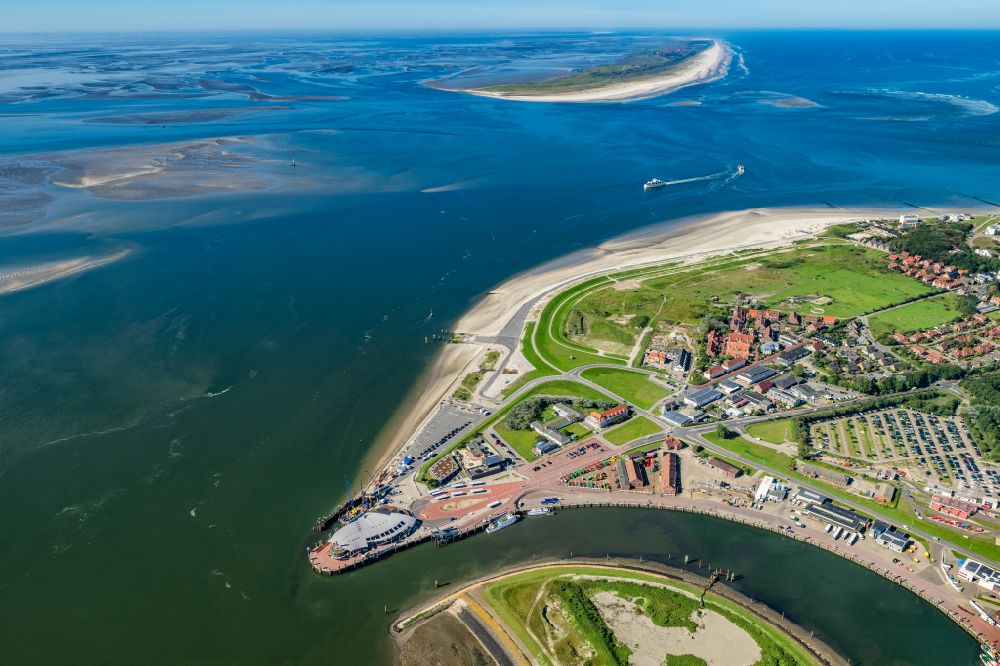 Aerial photograph Norderney - Ferry port facilities on the sea coast of the North Sea island Norderney in the state Lower Saxony, Germany