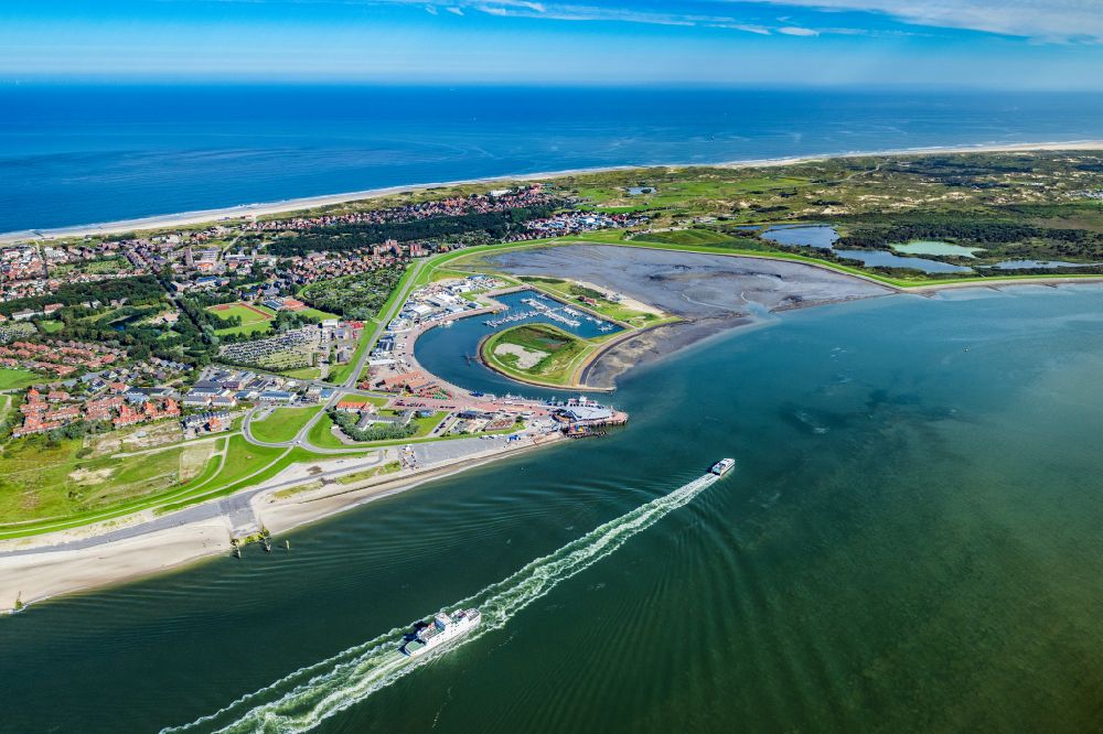 Aerial image Norderney - Ferry port facilities on the sea coast of the North Sea island Norderney in the state Lower Saxony, Germany