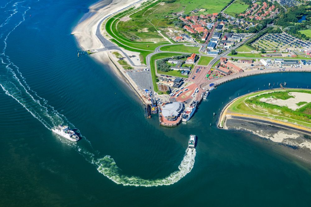 Norderney from above - Ferry port facilities on the sea coast of the North Sea island Norderney in the state Lower Saxony, Germany