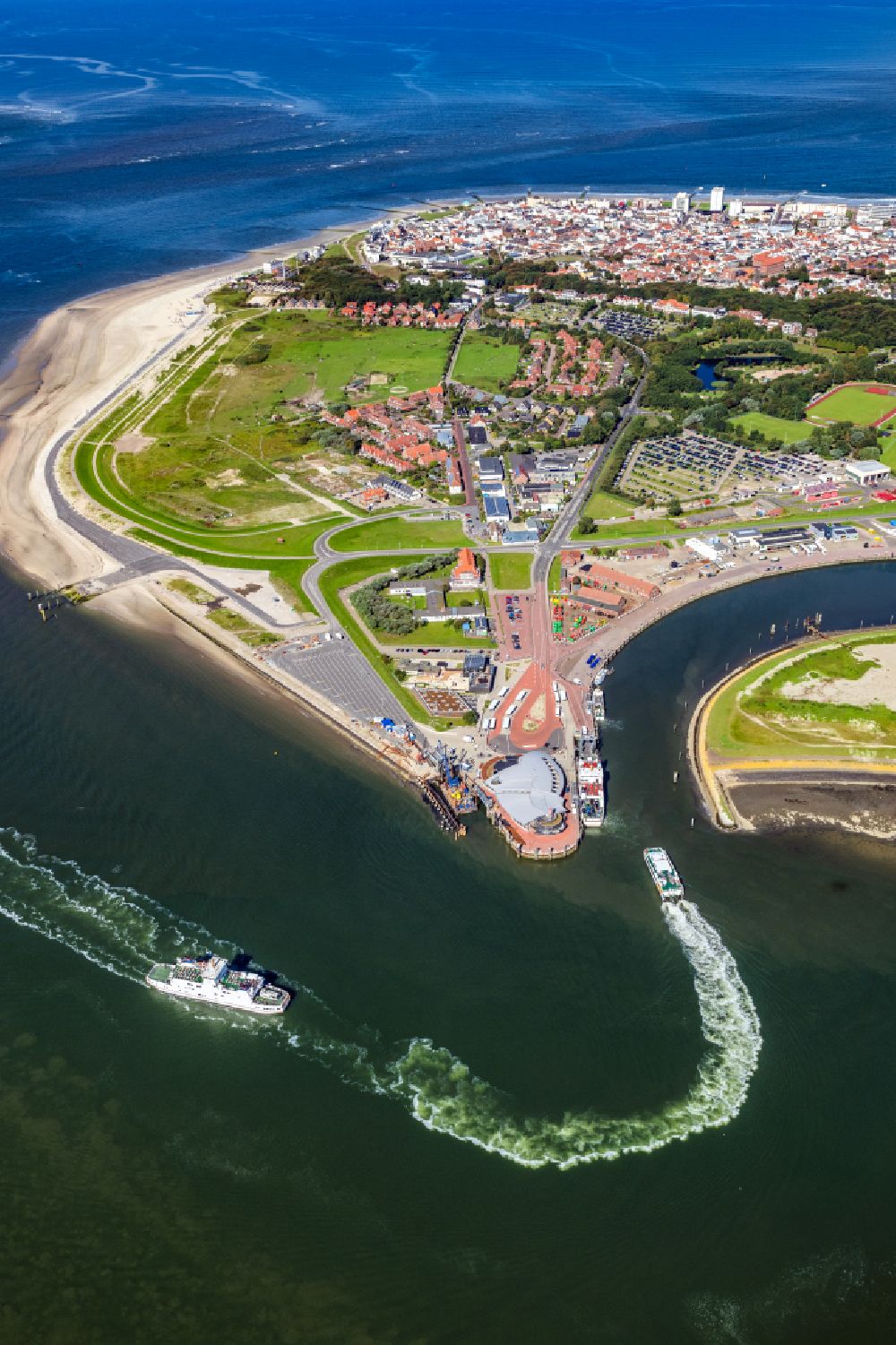Norderney from the bird's eye view: Ferry port facilities on the sea coast of the North Sea island Norderney in the state Lower Saxony, Germany