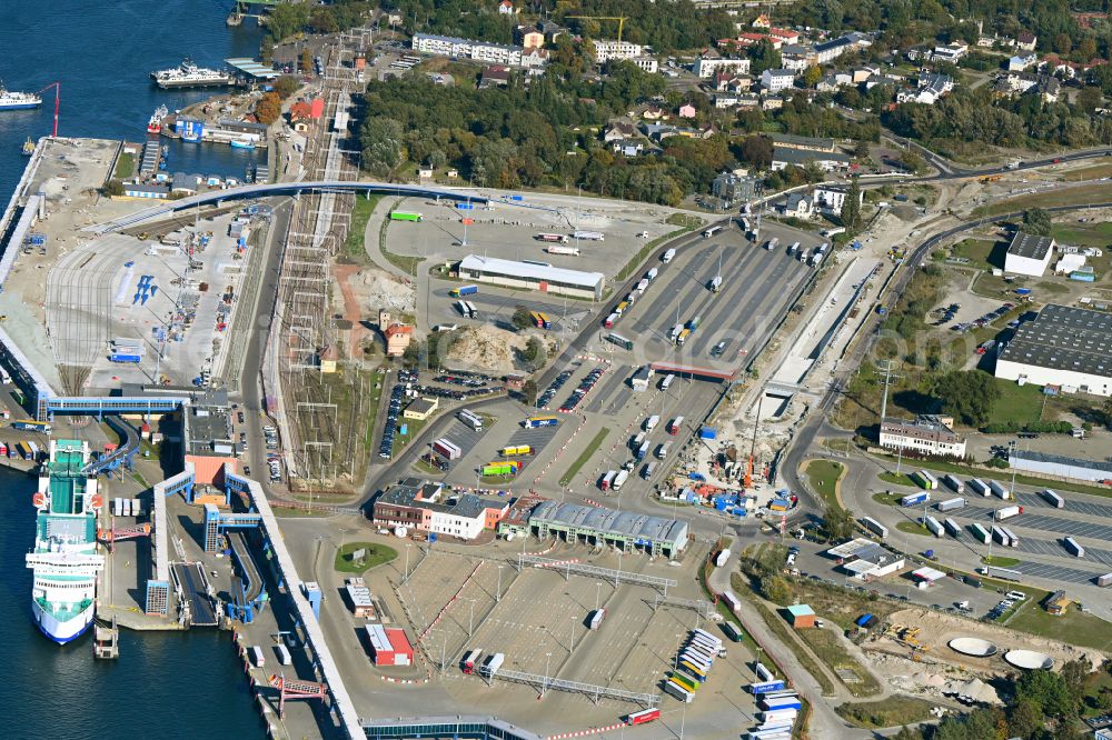 Aerial image Swinemünde - Ferry port facilities on the seashore of Baltic Sea in Swinemuende in West Pomeranian, Poland