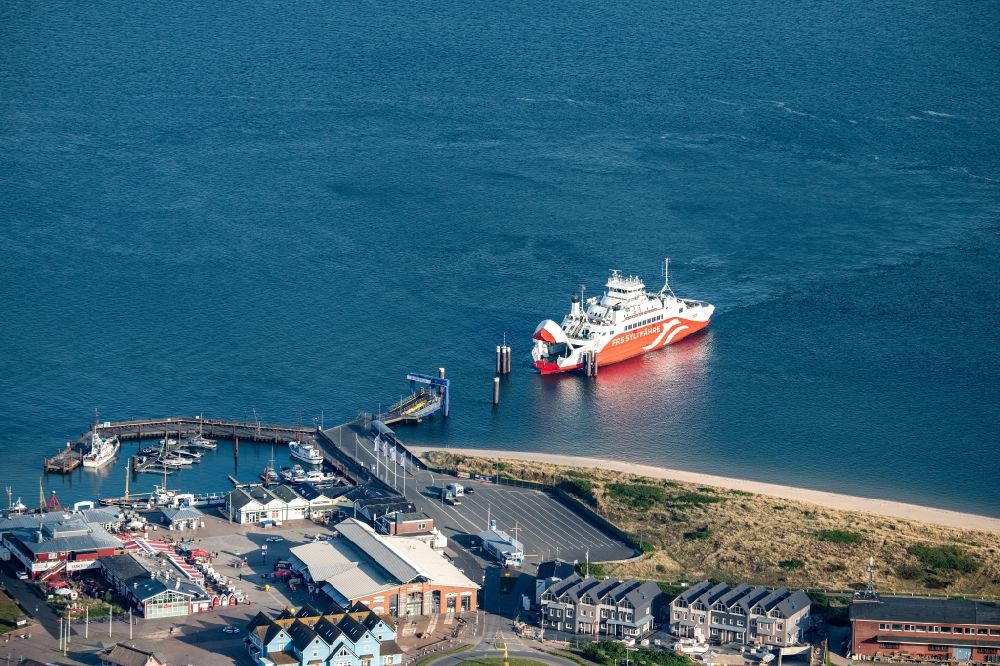 List from the bird's eye view: Anchored and moored ferry in the harbor Limassol in List at the island Sylt in the state Schleswig-Holstein, Germany