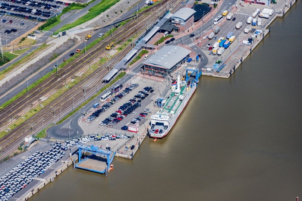 Aerial image Emden - Ferry ship MS Ostfriesland moored in the harbor in Emden in the state Lower Saxony, Germany