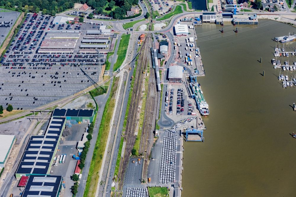 Aerial photograph Emden - Ferry ship MS Ostfriesland moored in the harbor in Emden in the state Lower Saxony, Germany
