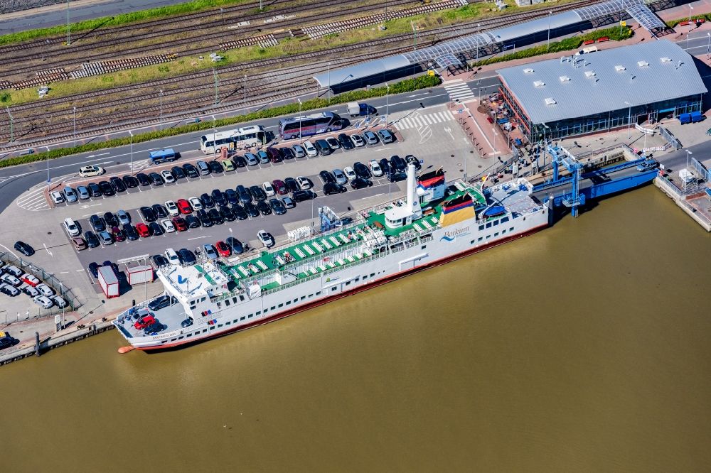 Emden from the bird's eye view: Ferry ship MS Ostfriesland moored in the harbor in Emden in the state Lower Saxony, Germany