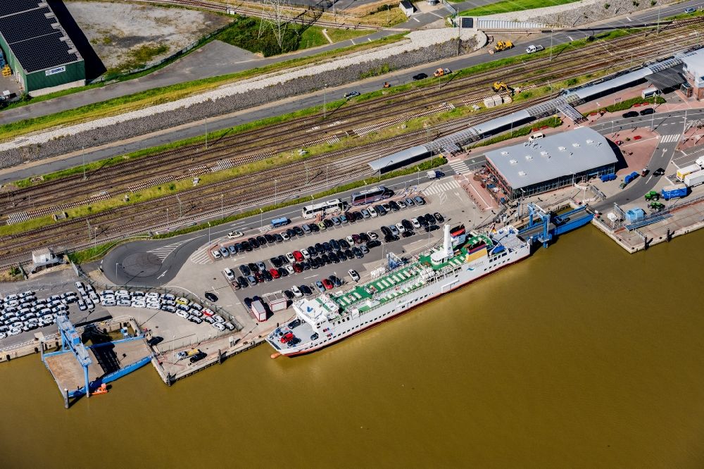 Aerial image Emden - Ferry ship MS Ostfriesland moored in the harbor in Emden in the state Lower Saxony, Germany