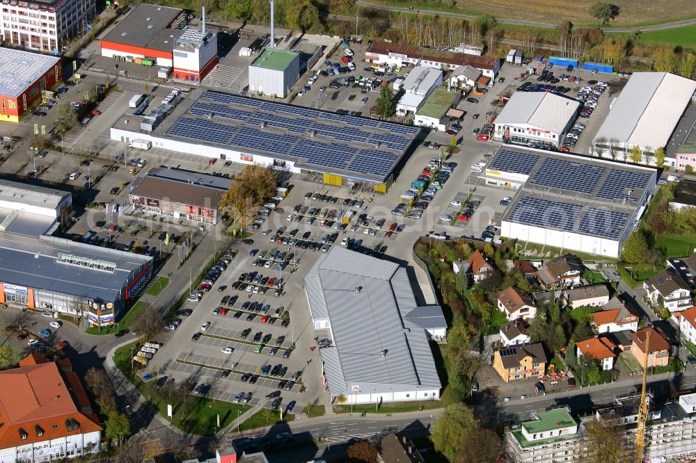 Rosenheim from the bird's eye view: Commercial area and company settlement West-Aicherpark on Georg-Aicher-Strasse in Rosenheim in the state Bavaria, Germany