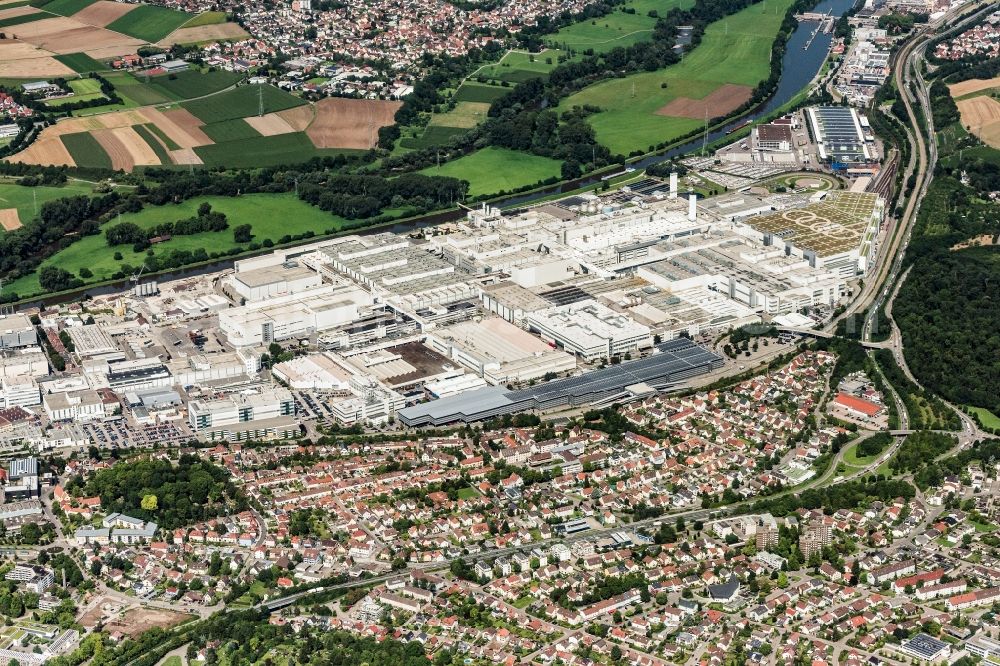 Aerial image Neckarsulm - Company grounds and facilities of Audi AG in Neckarsulm in the state Baden-Wuerttemberg, Germany