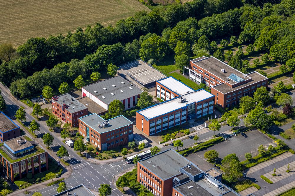 Dortmund from the bird's eye view: Company grounds and facilities of TE Connectivity Sensors Germany GmbH on street Hauert in the district Barop in Dortmund at Ruhrgebiet in the state North Rhine-Westphalia, Germany