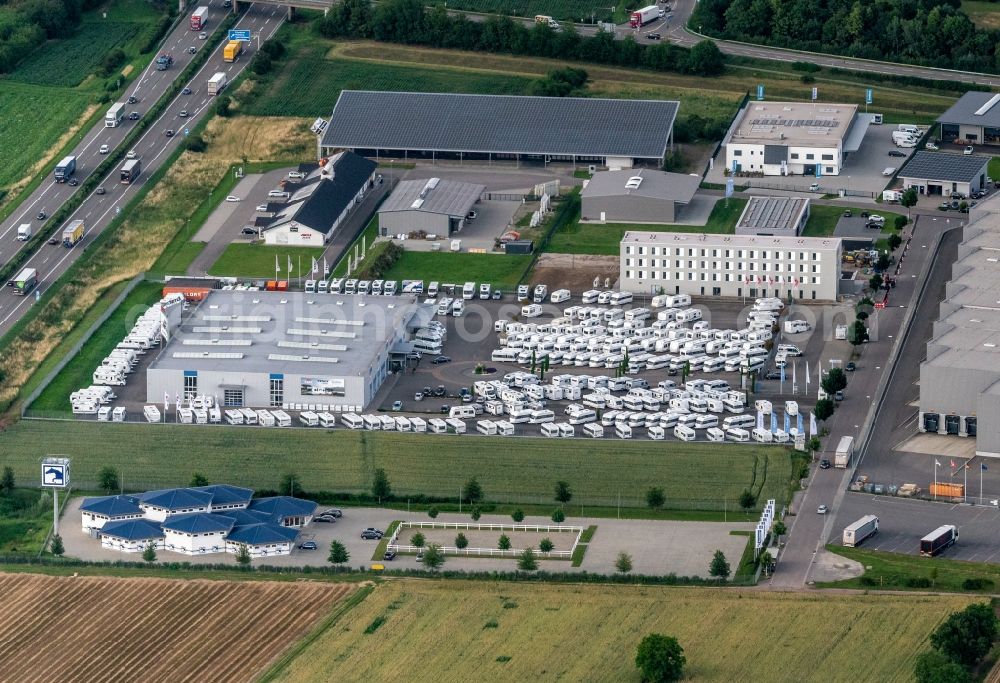 Ettenheim from the bird's eye view: Company grounds and facilities of Ernst- Caravan- u. Freizeit-Center GmbH in Ettenheim in the state Baden-Wuerttemberg, Germany