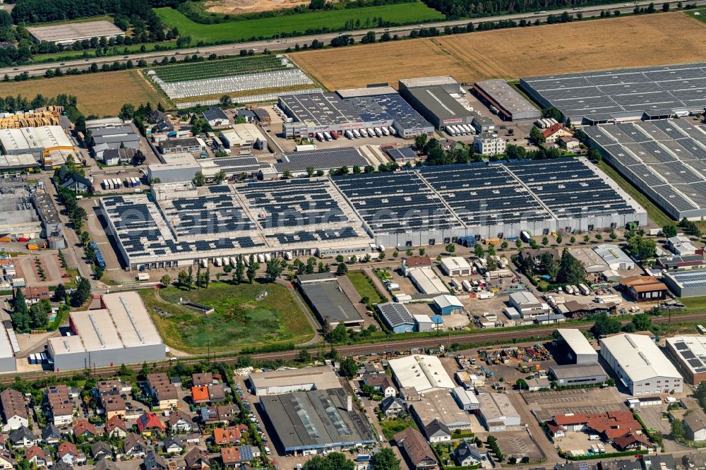 Aerial image Muggensturm - Company grounds and facilities of IHLE tires GmbH in Muggensturm in the state Baden-Wuerttemberg, Germany