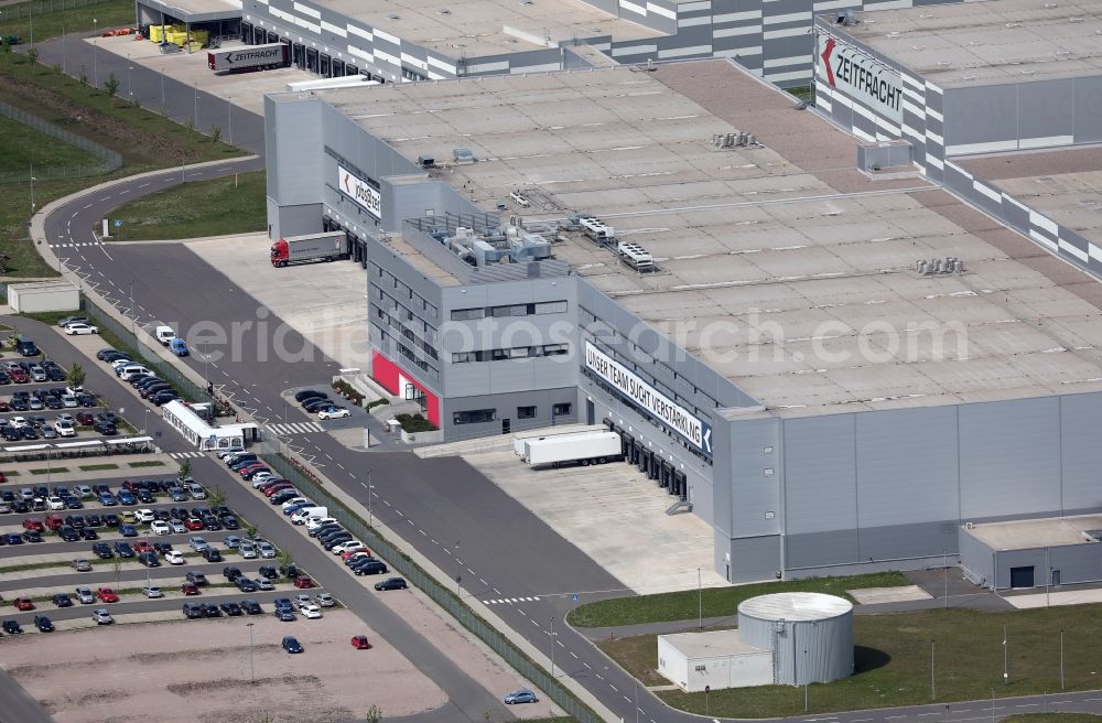Aerial photograph Erfurt - Company premises of the logistics company KNV Zeitfracht GmbH with halls, company buildings and production facilities in the commercial area in the Gispersleben district in Erfurt in the state of Thuringia, Germany