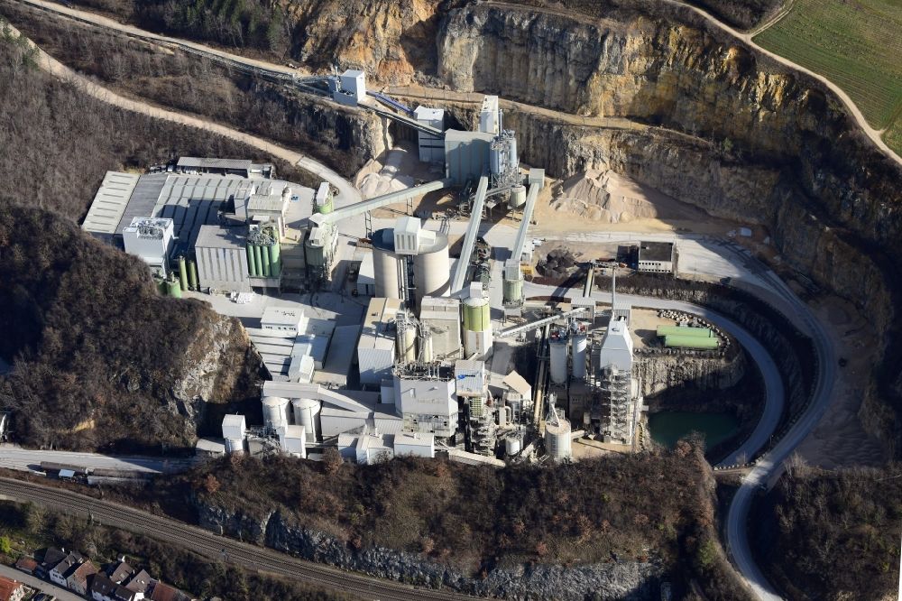 Efringen-Kirchen from the bird's eye view: Company grounds and facilities of Lhoist-Group with the limestone factory in the district Istein in Efringen-Kirchen in the state Baden-Wurttemberg, Germany