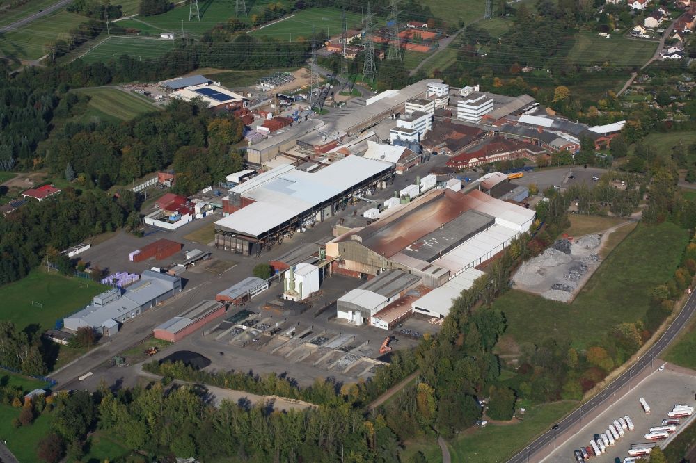 Aerial photograph Laufenburg - Company grounds and facilities of the Metallverarbeitungsunternehmens H.C. Starck, factory Rhina, in Laufenburg in the state Baden-Wuerttemberg, Germany