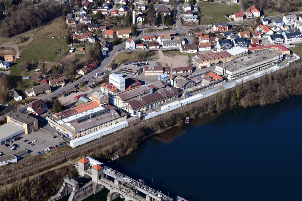 Aerial photograph Laufenburg - Former company grounds and facilities of the H.C. Starck, factory Enag, in Laufenburg in the state Baden-Wurttemberg, Germany. Since 2018 the powder division belongs to the swedish company Hoeganaes