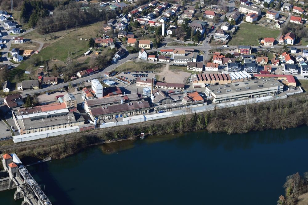 Laufenburg from above - Former company grounds and facilities of the H.C. Starck, factory Enag, in Laufenburg in the state Baden-Wurttemberg, Germany. Since 2018 the powder division belongs to the swedish company Hoeganaes