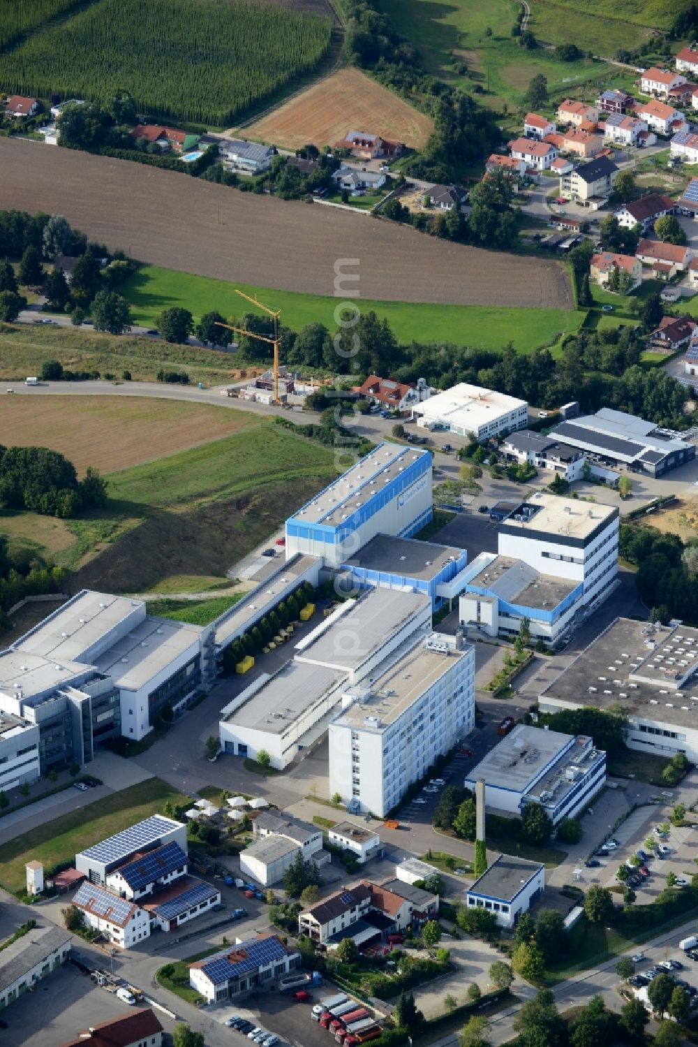 Pfaffenhofen from the bird's eye view: Company grounds and facilities of the pharmaceutical company Daiichi-Sankyo in Pfaffenhofen in the state of Bavaria