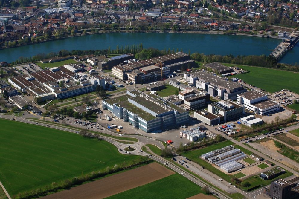 Aerial image Stein - Company grounds and facilities of Novartis factory Stein in Stein in the canton Aargau, Switzerland