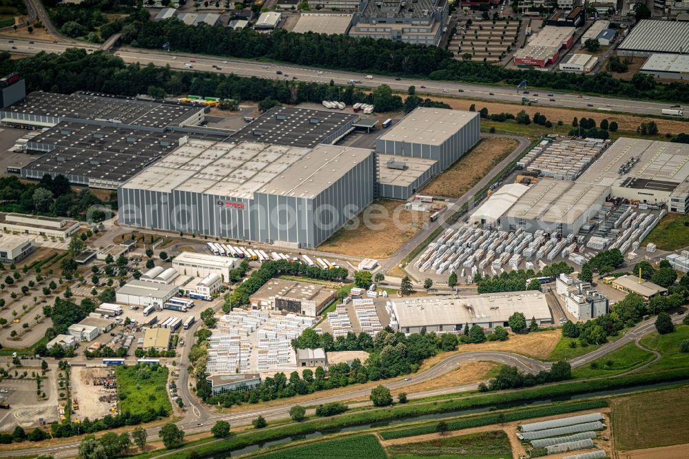 Durlach from above - Company grounds and facilities of Robert Bosch and ondere in Durlach in the state Baden-Wurttemberg, Germany