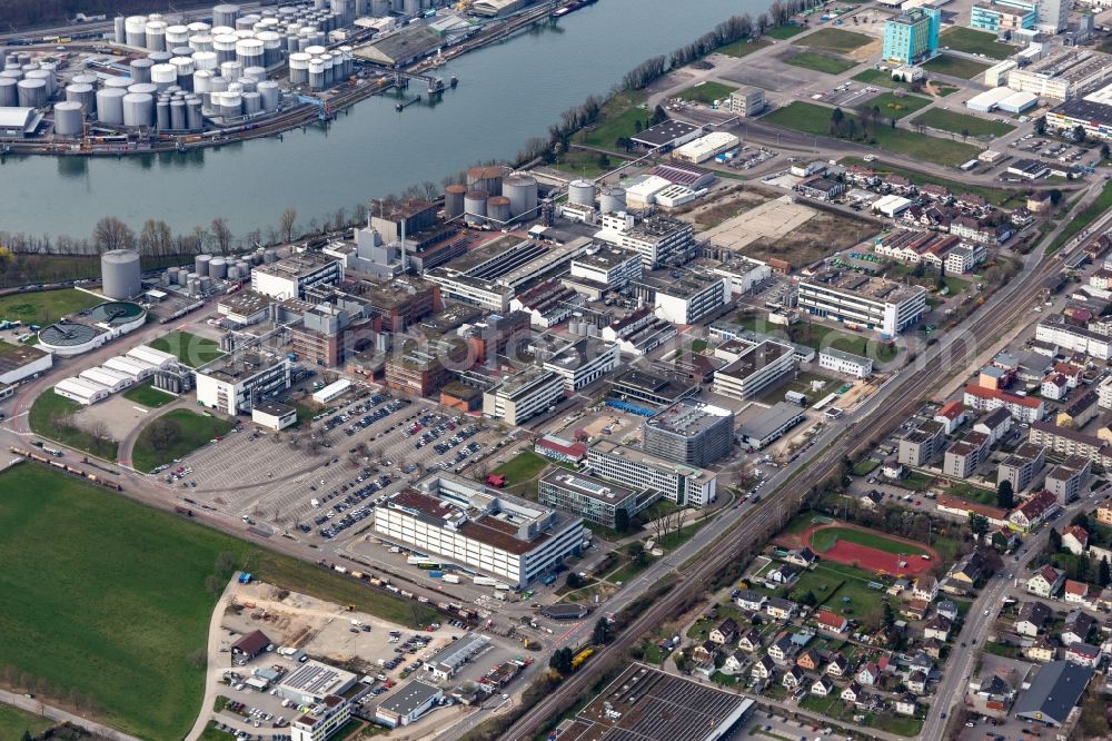 Aerial image Grenzach-Wyhlen - Company grounds and facilities of Roche Pharma in Grenzach-Wyhlen in the state Baden-Wurttemberg, Germany