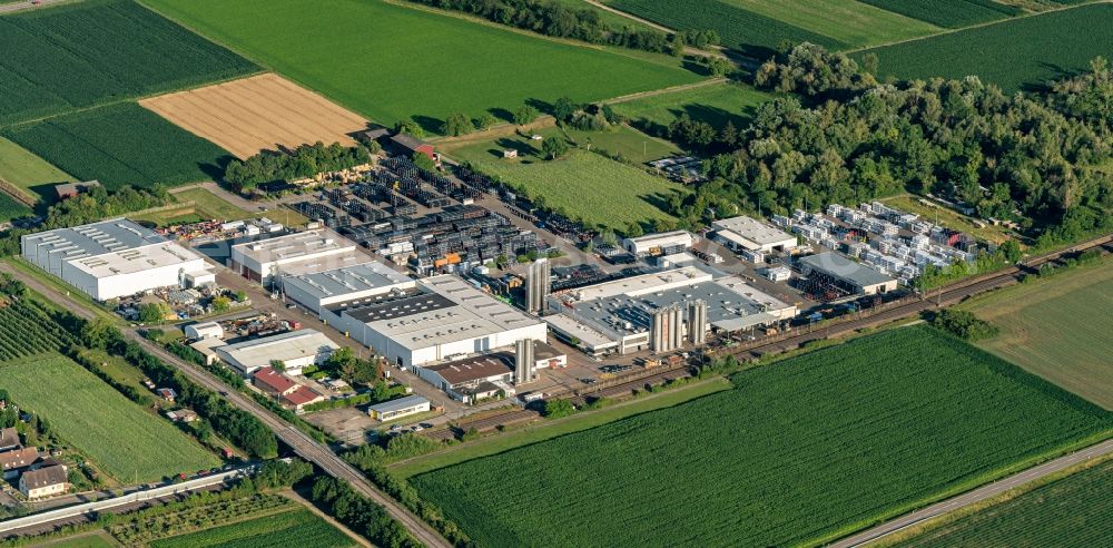 Ringsheim from above - Company grounds and facilities of Simona in Ringsheim in the state Baden-Wurttemberg, Germany