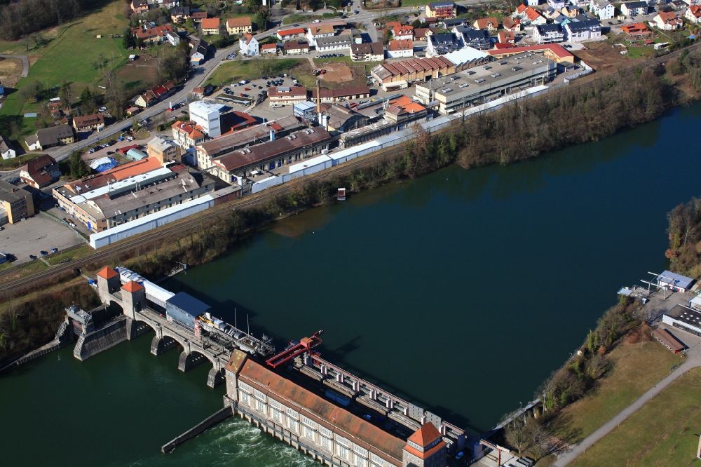 Aerial image Laufenburg - Company grounds and facilities of H.C. Starck STC and hydro power plant in the river Rhine in Laufenburg in the state Baden-Wuerttemberg, Germany