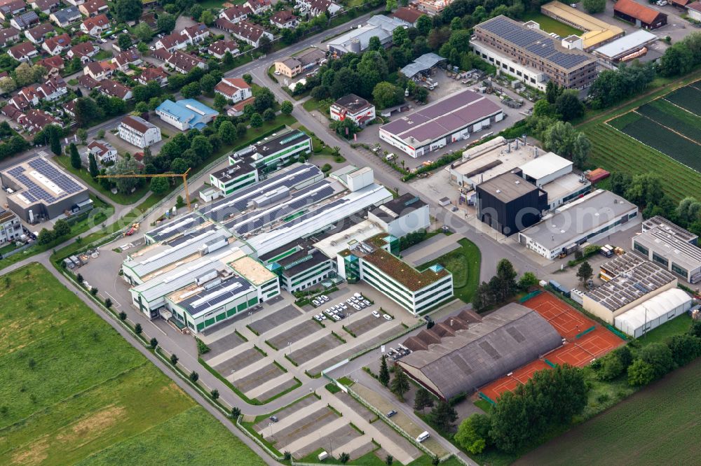 Aerial image Weingarten - Company grounds and facilities of TOX PRESSOTECHNIK GmbH & Co. KG and the Tennishalle Weingarten Tennisschule Seifferer in Weingarten in the state Baden-Wuerttemberg, Germany