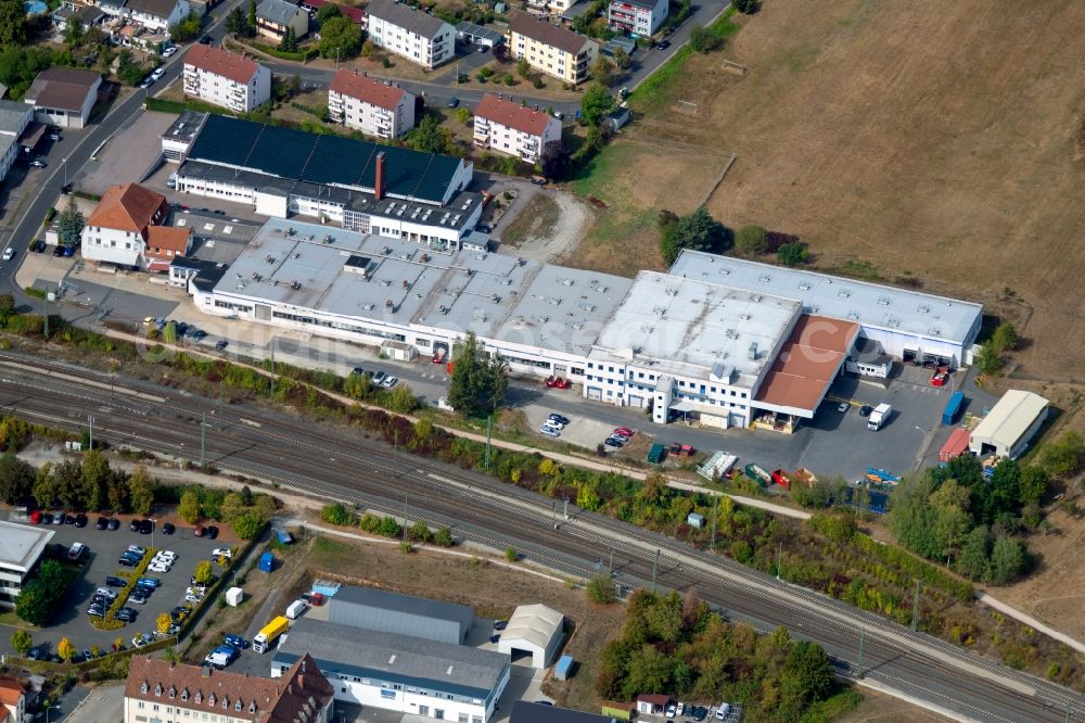 Lohr am Main from the bird's eye view: Company grounds and facilities of Zhongding Europe GmbH and the Dipl. Ing. K. Dietzel GmbH on Pressnitzer Strasse in the district Sackenbach in Lohr am Main in the state Bavaria, Germany