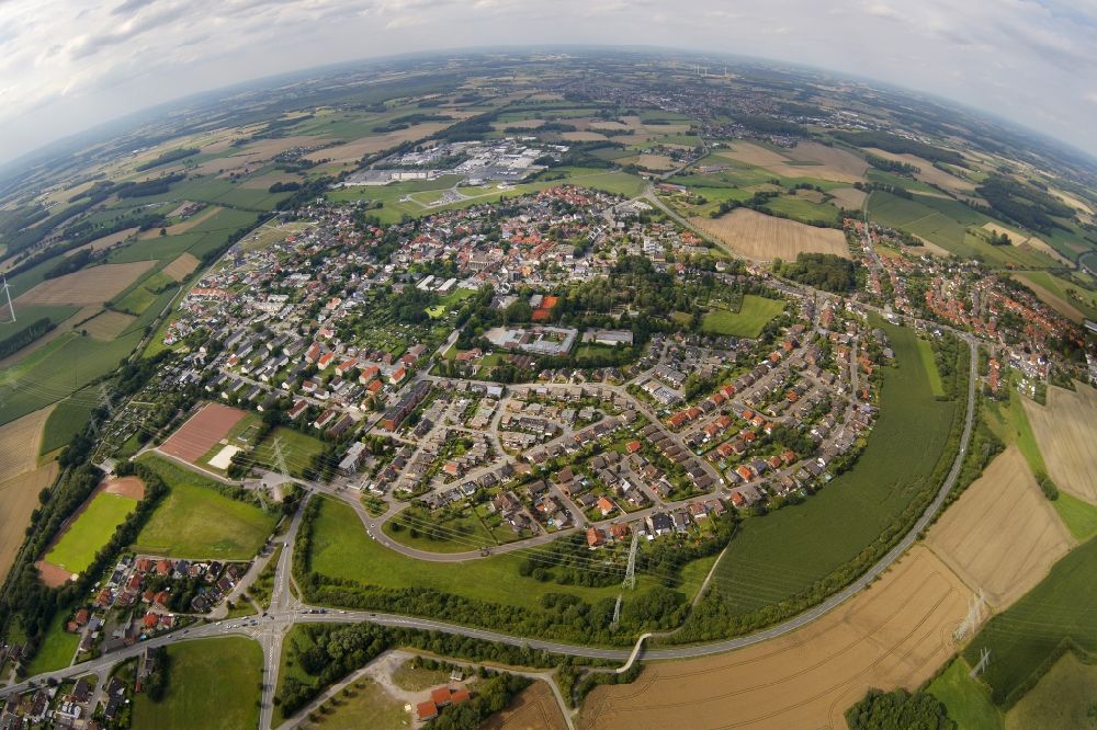 Selm OT Bork from the bird's eye view: Fisheye view of the district of Bork in Selm in the state of North Rhine-Westphalia