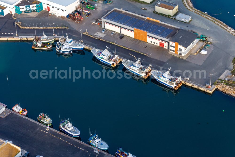 Penmarc'h from the bird's eye view: Fishing port facilities La Houle Maree on the seashore of the Finistere in Penmarc'h in Brittany, France