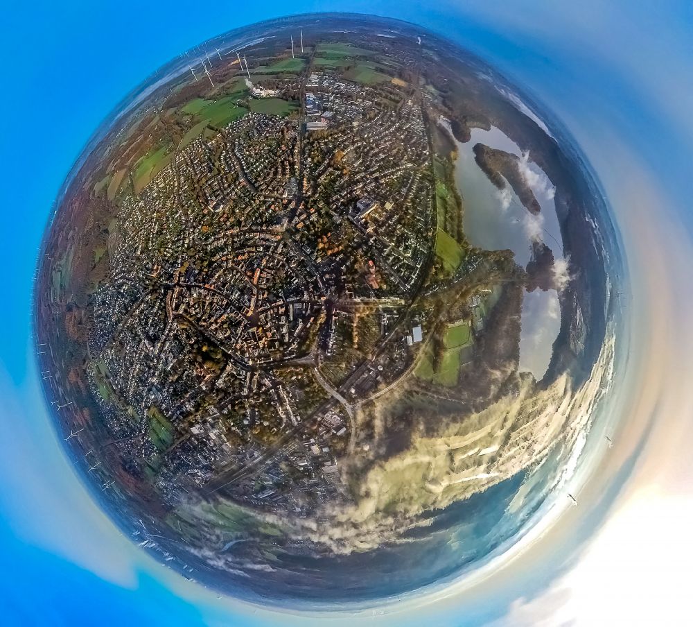Haltern am See from the bird's eye view: Fisheye perspective old Town area and city center along the Muehlenstrasse on St.-Sixtus-Kirche in Haltern am See in the state North Rhine-Westphalia, Germany