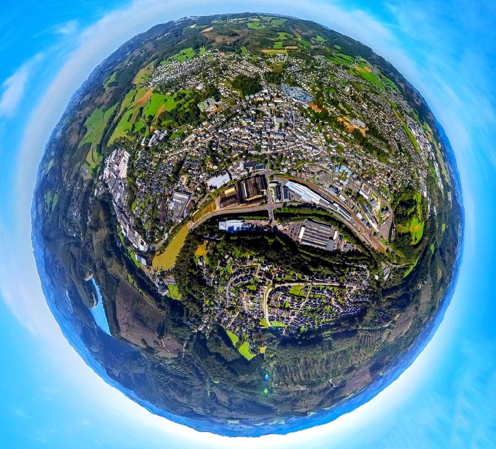 Aerial photograph Hansestadt Attendorn - Fisheye perspective old Town area and city center in Hansestadt Attendorn in the state North Rhine-Westphalia, Germany