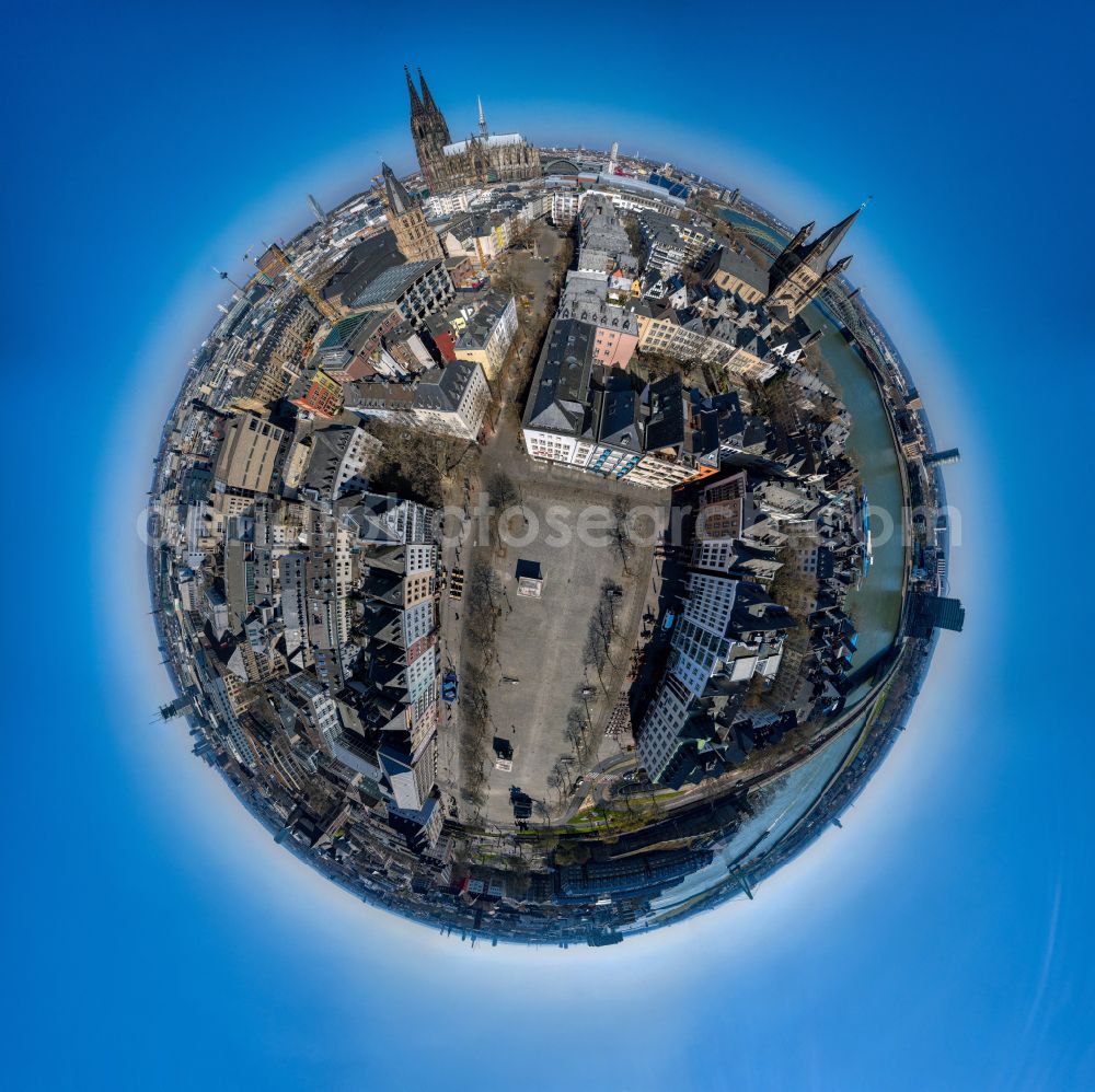Köln from above - Fisheye perspective old Town area and city center on street Heumarkt in the district Altstadt in Cologne in the state North Rhine-Westphalia, Germany