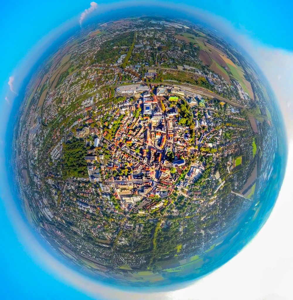 Aerial photograph Unna - Fisheye perspective old Town area and city center in Unna at Ruhrgebiet in the state North Rhine-Westphalia, Germany