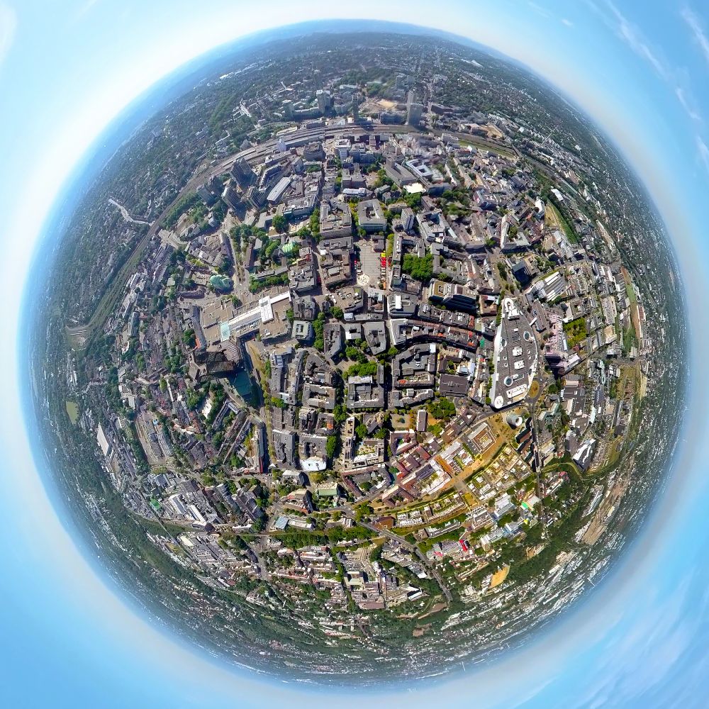 Aerial image Essen - Fisheye perspective city view of the inner city area with high-rise buildings and residential areas on place Kennedyplatz in Essen at Ruhrgebiet in the state North Rhine-Westphalia, Germany
