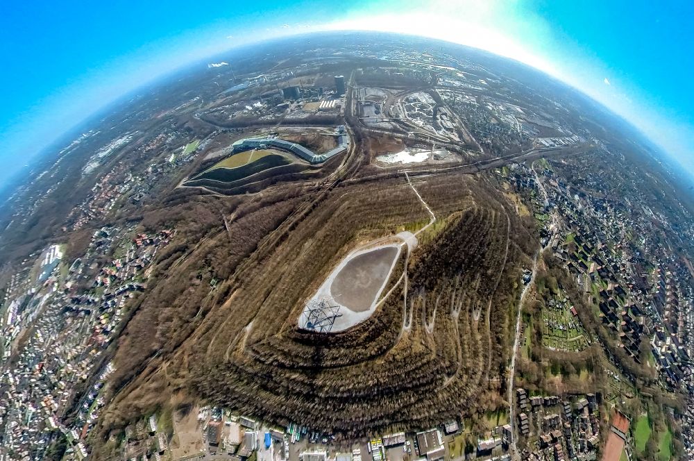 Aerial photograph Bottrop - Fisheye perspective observation tower tetrahedron with WDR film team in the heap at Beckstrasse in the district Batenbrock in Bottrop at Ruhrgebiet in the state of North Rhine-Westphalia
