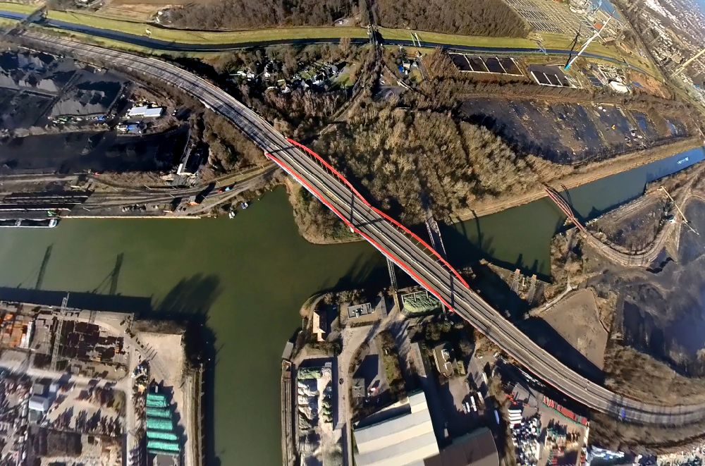 Aerial image Bottrop - Fisheye perspective highway bridge construction of the motorway A 42 over the Rhine-Herne canal in Bottrop in North Rhine-Westphalia