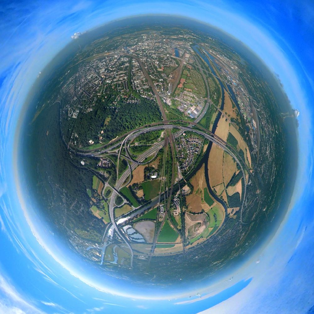 Duisburg from above - Fisheye perspective view of the motorway junction Kaiserberg in Duisburg at Ruhrgebiet in the state North Rhine-Westphalia, Germany