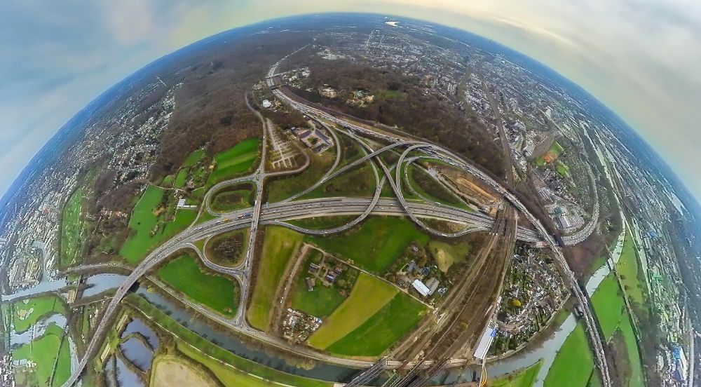 Duisburg from the bird's eye view: Fisheye perspective view of the motorway junction Kaiserberg in Duisburg at Ruhrgebiet in the state North Rhine-Westphalia, Germany