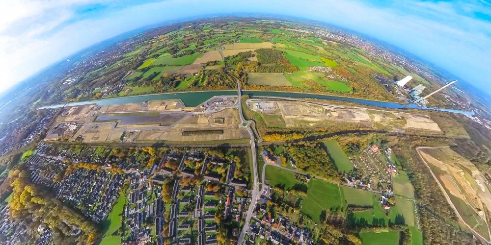 Aerial photograph Bergkamen - Fisheye perspective construction site with development, foundation, earth and landfill works Wasserstadt Aden in Bergkamen at Ruhrgebiet in the state North Rhine-Westphalia, Germany