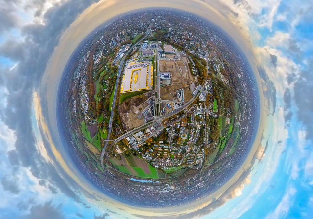 Aerial image Bochum - Fisheye perspective construction site to build a new building complex on the site of the logistics center in the development area MARK 51A?7 on street Opelring in Bochum at Ruhrgebiet in the state North Rhine-Westphalia, Germany