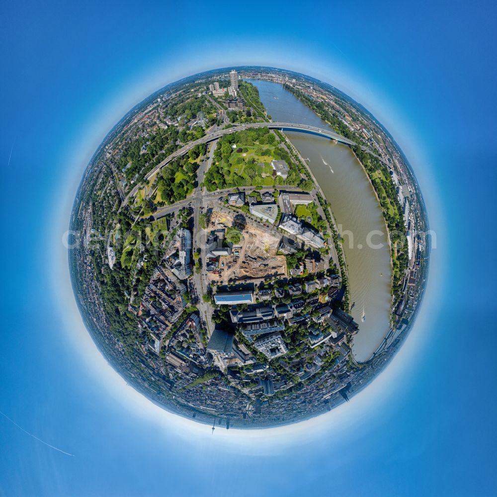 Köln from the bird's eye view: Fisheye perspective construction site for the new residential and commercial building CAMPUS I - RHEINZEIT on street Oppenheimstrasse in the district Riehl in Cologne in the state North Rhine-Westphalia, Germany