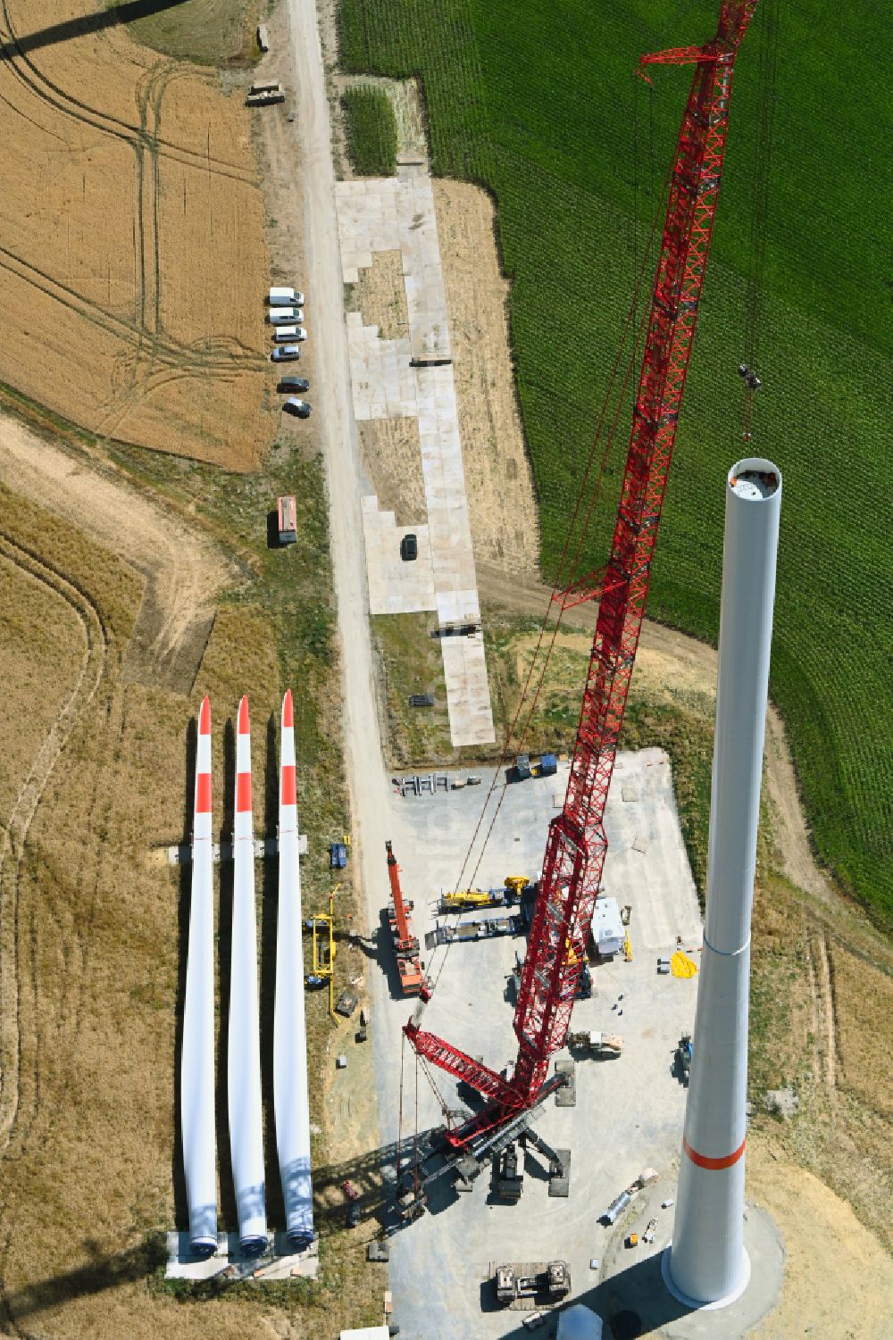 Kirchheilingen from the bird's eye view: Fisheye perspective construction site for wind turbine installation in Kirchheilingen in the state Thuringia, Germany