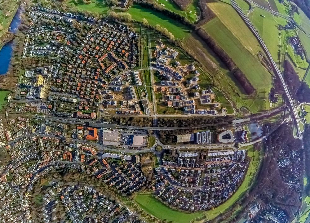 Aerial photograph Duisburg - Fisheye perspective construction sites for new construction residential area of detached housing estate Angerbogen on street Hermann-Spillecke-Strasse in the district Huckingen in Duisburg at Ruhrgebiet in the state North Rhine-Westphalia, Germany