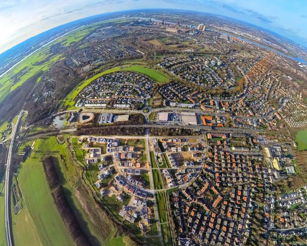 Duisburg from the bird's eye view: Fisheye perspective construction sites for new construction residential area of detached housing estate Angerbogen on street Hermann-Spillecke-Strasse in the district Huckingen in Duisburg at Ruhrgebiet in the state North Rhine-Westphalia, Germany